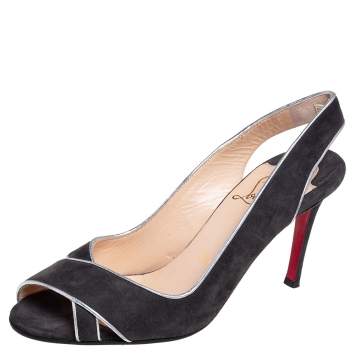 Pre Owned Christian Louboutin Dark Grey/Silver Suede Vintage Crisscross Slingback Sandals Size 38.5