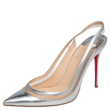 Pre Owned Christian Louboutin Silver Leather, PVC Paulina Slingback Pumps Size 39