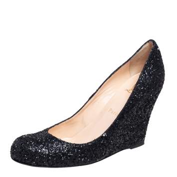 Pre Owned  Christian Louboutin Black Coarse Glitter Miss Boxe Wedge Pumps Size 38.5