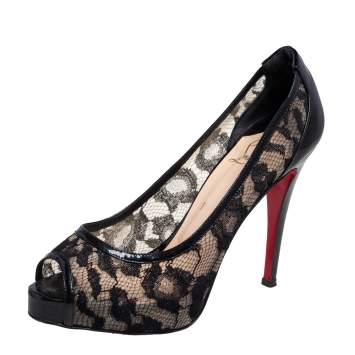 Pre Owned Christian Louboutin Black Lace And Patent Leather Ambro Pizzo Peep Toe Platform Pumps Size 38.5