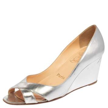 Pre Owned Christian Louboutin Metallic Silver Leather Peep Toe Wedge  Pumps Size 39
