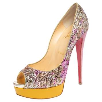 Pre Owned Christian Loubuton Multicolor Glitter and Leather Lady Peep Toe Platform Pumps Size 38.5