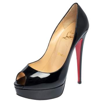 Pre Owned Christian Louboutin Black Patent Leather Lady Peep Toe Platform Pumps Size 38.5