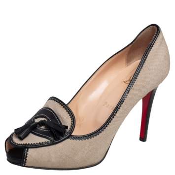 Pre Owned Christian Louboutin Beige Canvas And Black Leather Tassel Campus Loafer Pumps Size 37.5