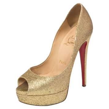 Pre Owned Christian Louboutin Gold Glitter Lady Peep Platform Pumps Size 36