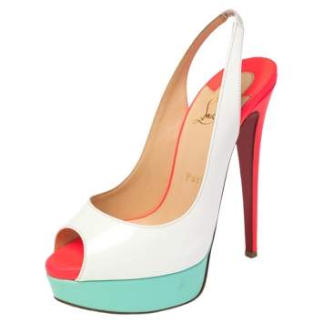 Pre Owned Christian Louboutin White Patent Leather Lady Peep Toe Platform Slingback Sandals Size 36
