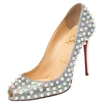 Pre Owned Christian Louboutin Iridescent Lurex Fabric And Glitter Spike Peep Toe Pumps Size 36.5