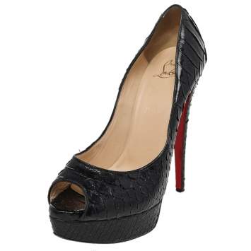 Pre Owned Christian Louboutin Black Python Leather Lady Peep Toe Platform Pumps Size 38.5
