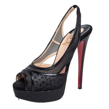 Pre Owned Christian Louboutin Black Mesh And Leather Trim Marina Slingback Platform Sandals Size 37