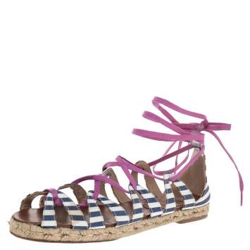 Pre Owned Christian Louboutin Multicolor Fabric Espadrille Ankle Wrap Flat Sandals Size 36