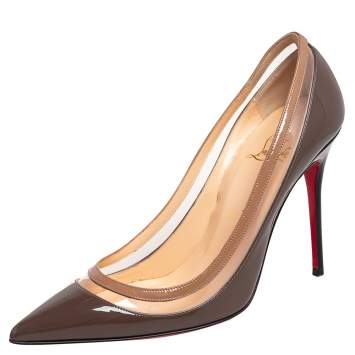 Pre Owned Christian Louboutin Brown/Beige Patent Leather and PVC Paulina Pointed Toe Pumps Size 38