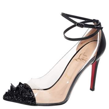 Pre Owned Christian Louboutin Black Spike Embellished Patent Leather and PVC Just Picks Ankle Strap Sandals Size 37.5