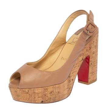 Pre Owned Christian Louboutin Beige Leather Donna Anna Cork Sandals Size 38