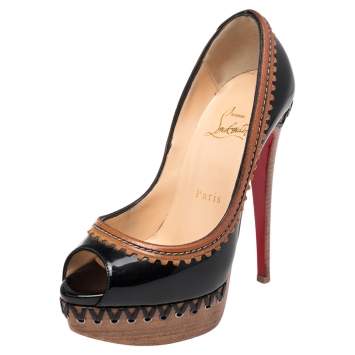 Pre Owned Christian Louboutin Black/Beige Patent Leather and Wood Trepi Prive Peep Toe Pumps Size 35