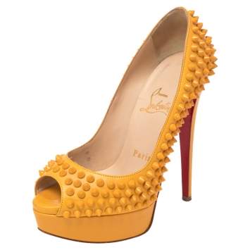 Pre Owned Christian Louboutin Mustard Leather Lady Peep Toe Spike Platform Pumps Size 35
