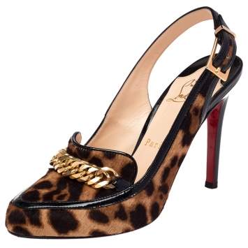 Pre Owned Christian Louboutin Brown/Black Leopard Print Calfhair And Patent Trim Chain Link Slingback Sandals Size 36