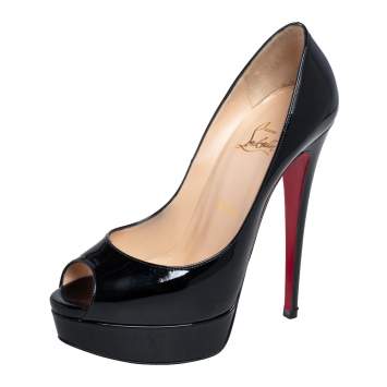 Pre Owned Christian Louboutin Black Patent Leather Lady Peep Toe Platform Pumps Size 38.5