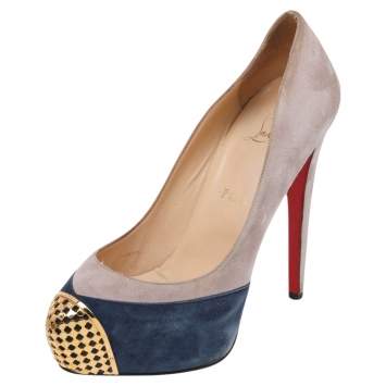 Pre Owned Christian Louboutin Grey/Blue Suede Maggie Embellished Cap Toe Platform Pumps Size 38