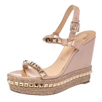 Pre Owned Christian Louboutin Beige Patent Leather Studded Cataclou Espadrille Wedge Sandals Size 40