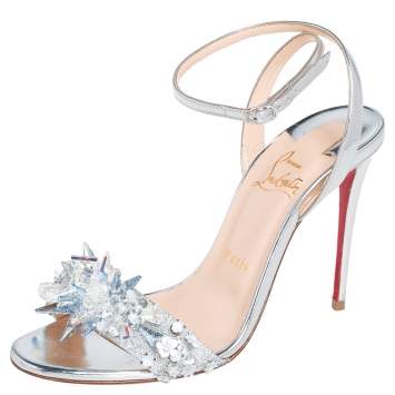 Pre Owned Christian Louboutin Silver Lamé Fabric And Patent Leather Okydok Ankle Strap Sandals Size 37