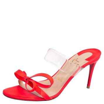 Pre Owned Christian Louboutin Neon Orange Leather and PVC Band Knot Just Nodo Mules Size 38
