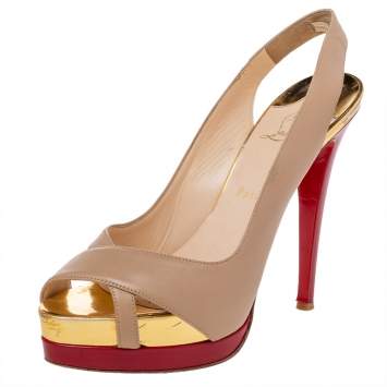 Pre Owned Christian Louboutin Beige/Red Leather Soso Platform Slingback Sandals Size 39