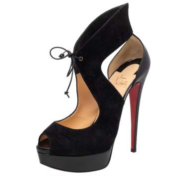 Pre Owned Christian Louboutin Black Suede And Leather Mayerling Lace Up Platform Sandals Size 39.5