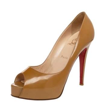 Pre Owned Christian Louboutin Beige Patent Leather Lady Peep Toe Pumps Size 39.5