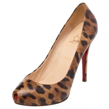 Pre Owned Christian Louboutin Multicolor Leopard Print Patent Leather Open Clic Peep Toe Pumps Size 39.5