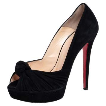 Pre Owned Christian Louboutin Black Suede Jenny Platform Knot Peep Toe Pumps Size 36