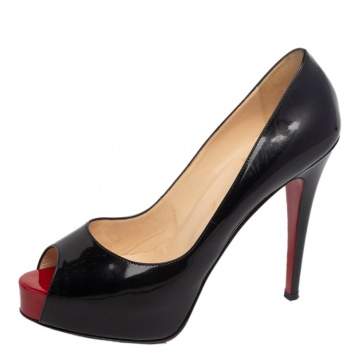 Pre Owned Christian Louboutin Black Patent Leather Lady Peep Toe Platform Pumps Size 39.5