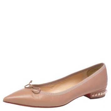 Pre Owned Christian Louboutin Beige Leather Hall Spike Flats Size 40