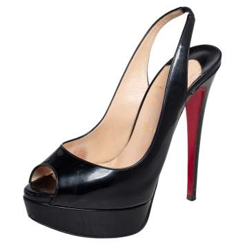 Pre Owned Christian Louboutin Black Patent Leather Lady Peep Toe Slingback Platform Sandals Size 37.5