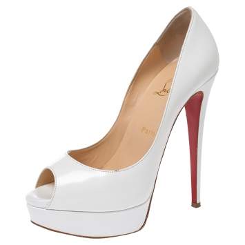 Pre Owned  Christian Louboutin White Glazed Leather Lady Peep Toe Pumps Size 39