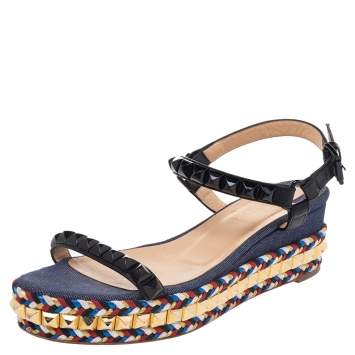 Pre Owned Christian Louboutin Black Leather Pyraclou Studded Ankle Strap Platform Sandals Size 38