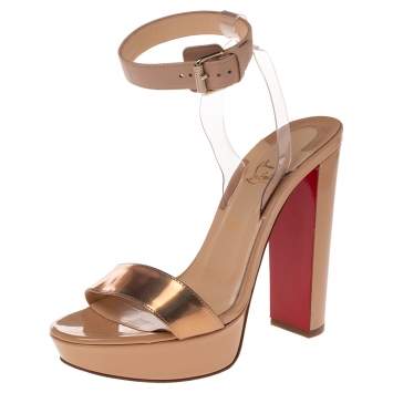 Pre Owned Christian Louboutin Beige/Bronze Leather  Cherry Platform Sandals Size 38.5