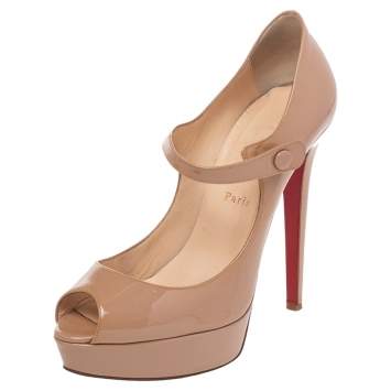 Pre Owned Christian Louboutin Beige Patent Leather Zeppa Peep Toe Platform Pumps Size 40.5