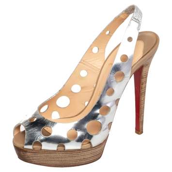 Pre Owned Christian Louboutin Silver Patent Leather Ginza Platform Sandals Size 37.5