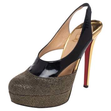 Pre Owned Christian Louboutin Black/Gold Patent and Metallic Mesh Platform Slingback Pumps Size 38.5