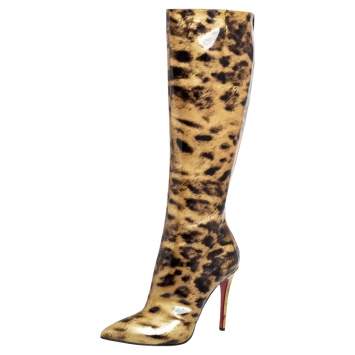 مملوكة مسبقًا Christian Louboutin Light Yellow/Black Leopard Print Patent Leather Zip Knee Length Boots Size 39.5 