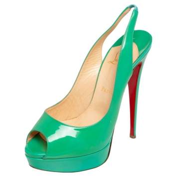 Pre Owned Christian Louboutin Green Patent Leather Lady Peep Toe Platform Slingback Pumps Size 40