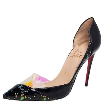 Pre Owned Christian Louboutin Black Patent And PVC Tac Clac D'Orsay Pumps Size 37.5