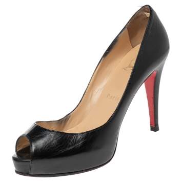 Pre Owned Christian Louboutin Black Leather Lady Peep Platform Pumps Size 37