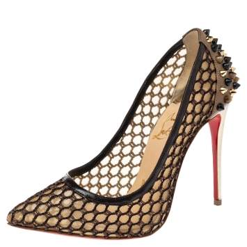 Pre Owned Christian Louboutin Black/Beige Mesh and Leather Spike Embellished Guni Pointed Toe Pumps Size 35