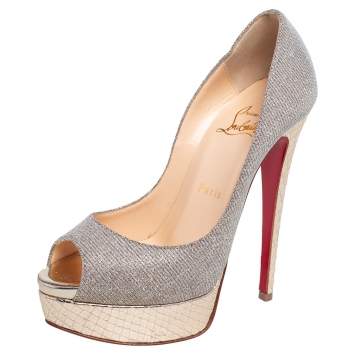 Pre Owned Christian Louboutin Gold/Silver Shimmery Lamé Fabric Lady Peep Toe Platform Pumps Size 36.5