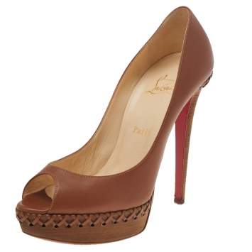 Pre Owned Christian Louboutin Brown Leather Lady Indiana Peep Toe Platform Pumps Size 39.5