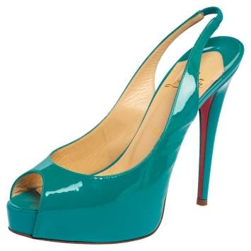 Pre Owned Christian Louboutin Green Patent Leather Private Number Peep Toe Slingback Sandals Size 38.5