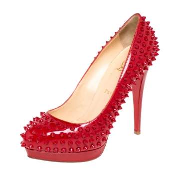 Pre Owned Christian Louboutin Red Patent Leather Spiked Bianca Platform Pumps Size 40