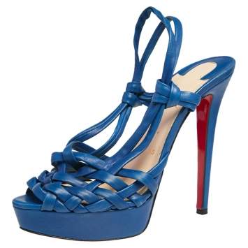 Pre Owned Christian Louboutin Blue Leather Platform  Sandals Size 39.5