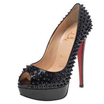 Pre Owned Christian Louboutin Black Patent Leather Lady Peep Toe Spike Platform Pumps Size 36